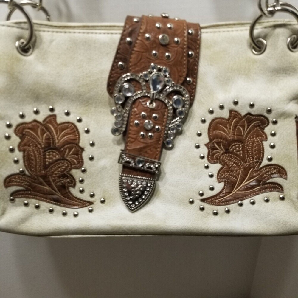 Western Rhinestone Brown Purse Leather Satchel Shoulder Bag Handbag Stud Bottom - Picture 2 of 12
